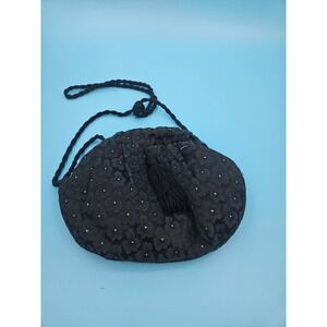 Vtg Inge Christopher Black Fabric Drawstring Evening Bag Small Gold-toned Accent